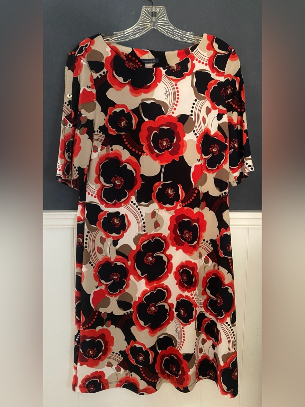 Tommy Hilfiger Red Black Poppy Floral Shift Dress 3/4 Sleeve Size 8